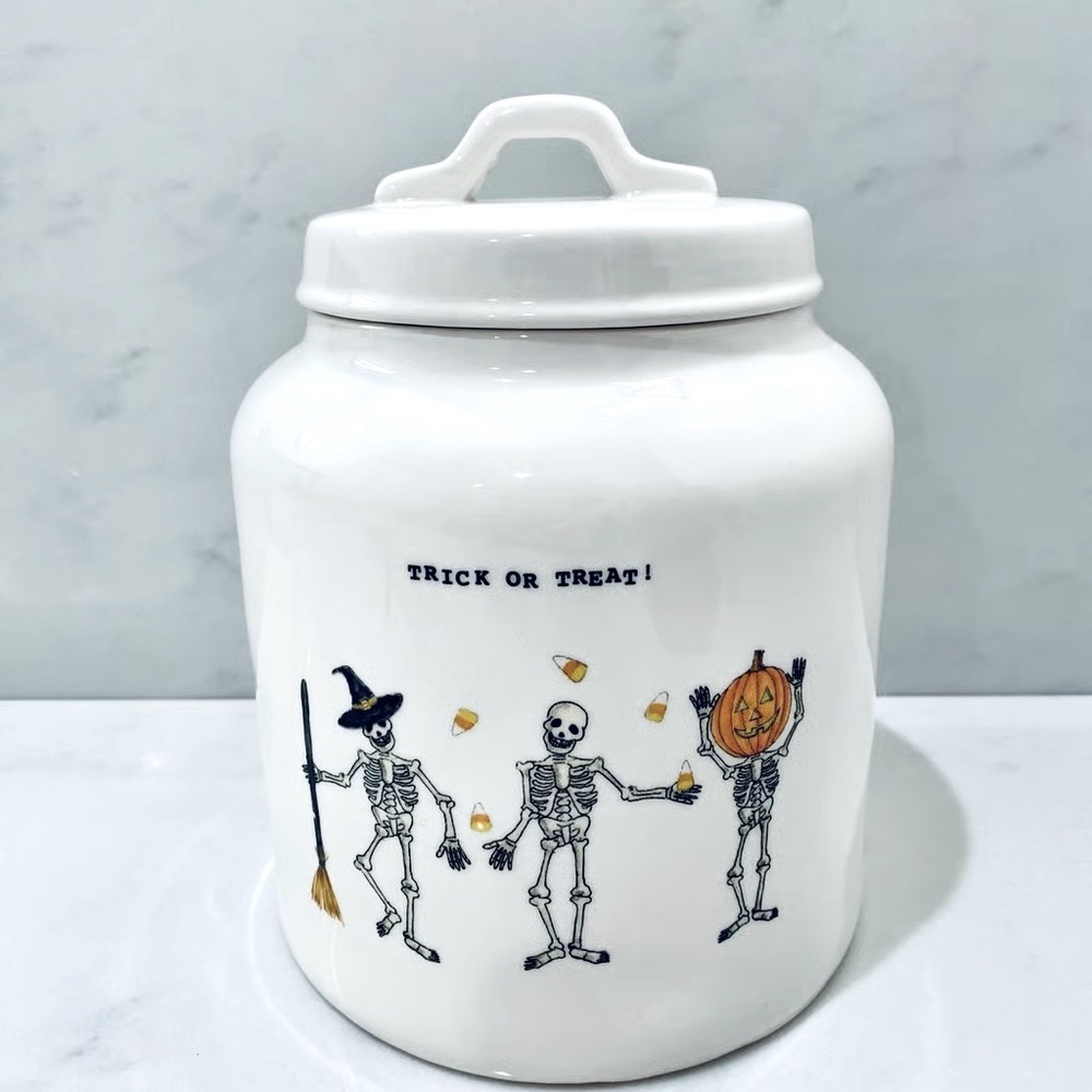 Rae Dunn Halloween “Trick or Treat” Dancing skeletons Canister